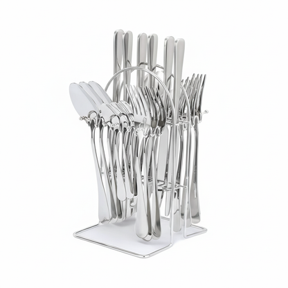 24 Piece Stainless Steel Cutlery Set with Storage Rack and Glossy Finish