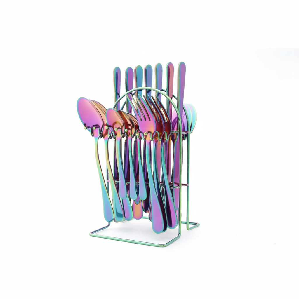 24 Piece Stainless Steel Cutlery Set with Storage Rack and Glossy Finish