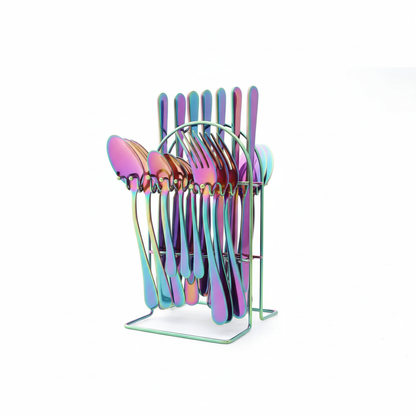 24 Piece Stainless Steel Cutlery Set with Storage Rack and Glossy Finish
