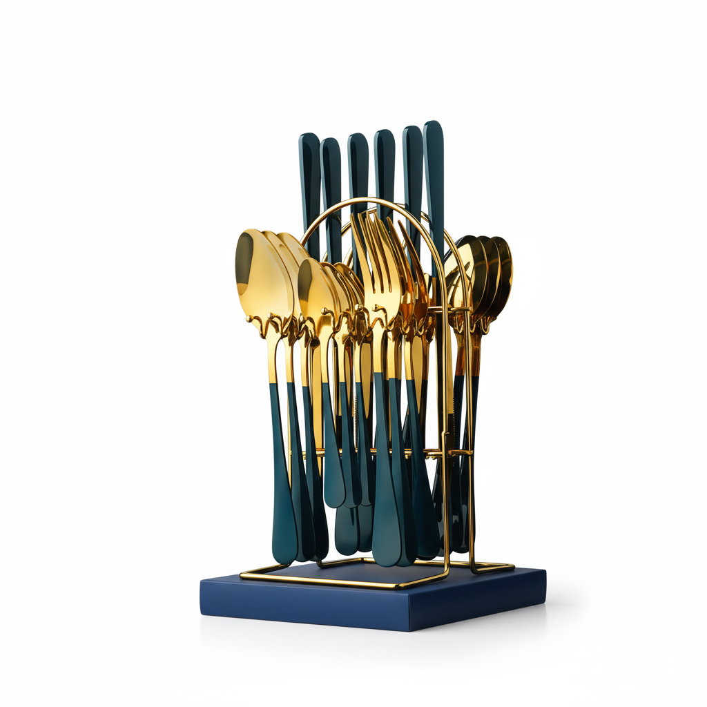 24 Piece Stainless Steel Cutlery Set with Storage Rack and Glossy Finish