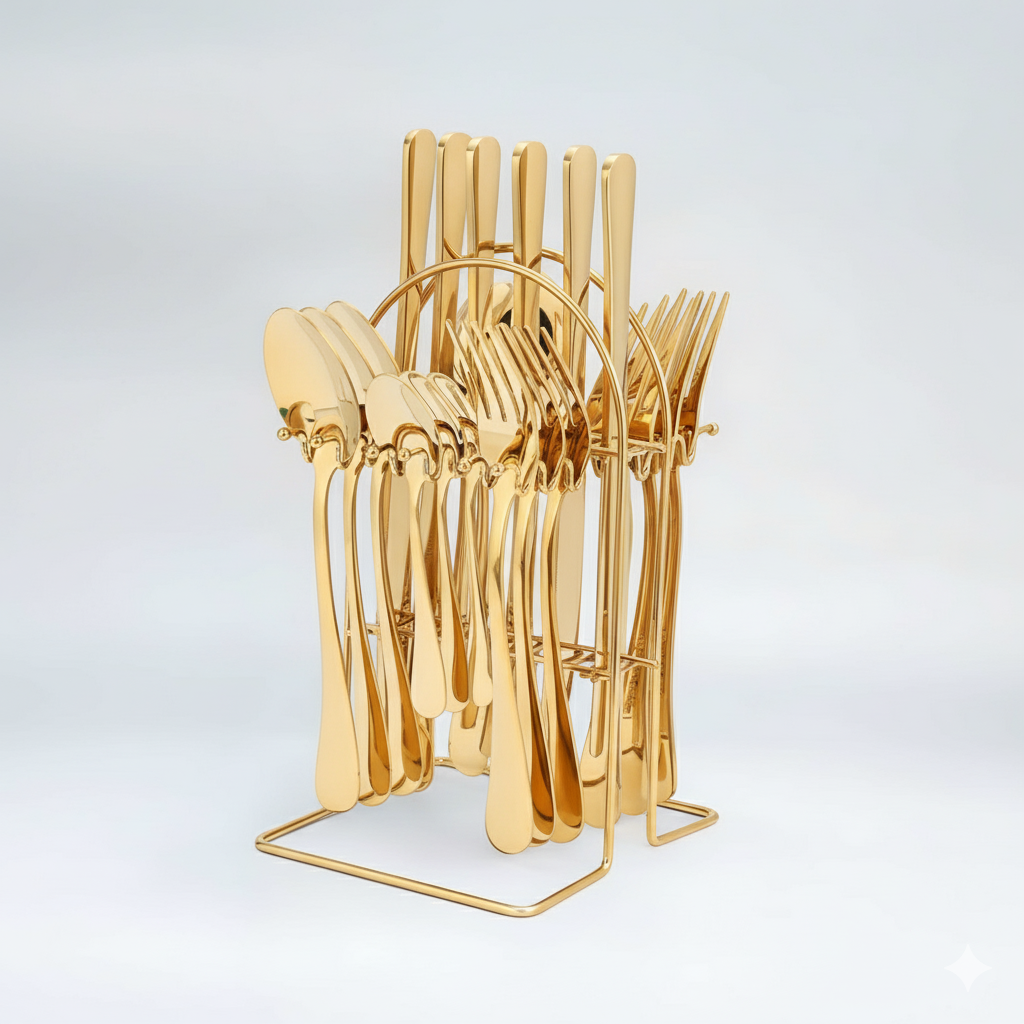 24 Piece Stainless Steel Cutlery Set with Storage Rack and Glossy Finish