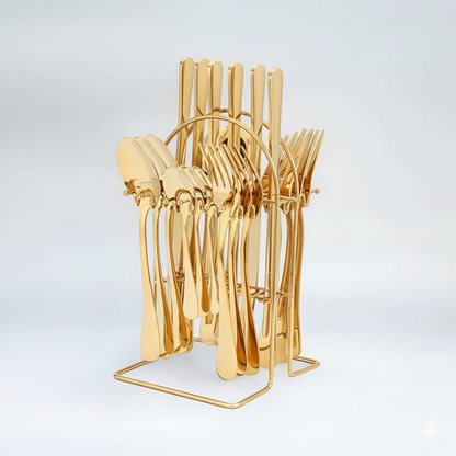 24 Piece Stainless Steel Cutlery Set with Storage Rack and Glossy Finish