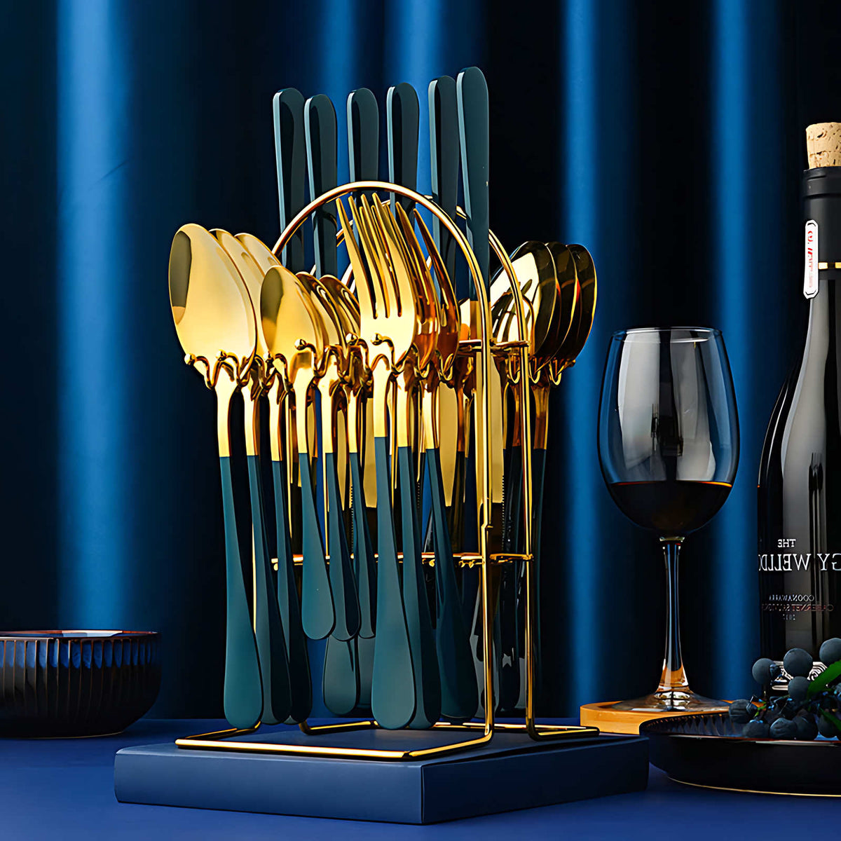 24 Piece Stainless Steel Cutlery Set with Storage Rack and Glossy Finish