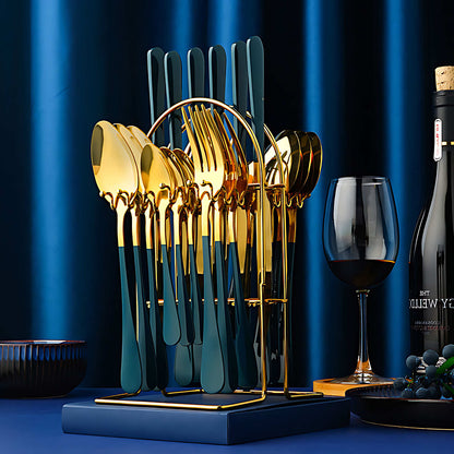 24 Piece Stainless Steel Cutlery Set with Storage Rack and Glossy Finish