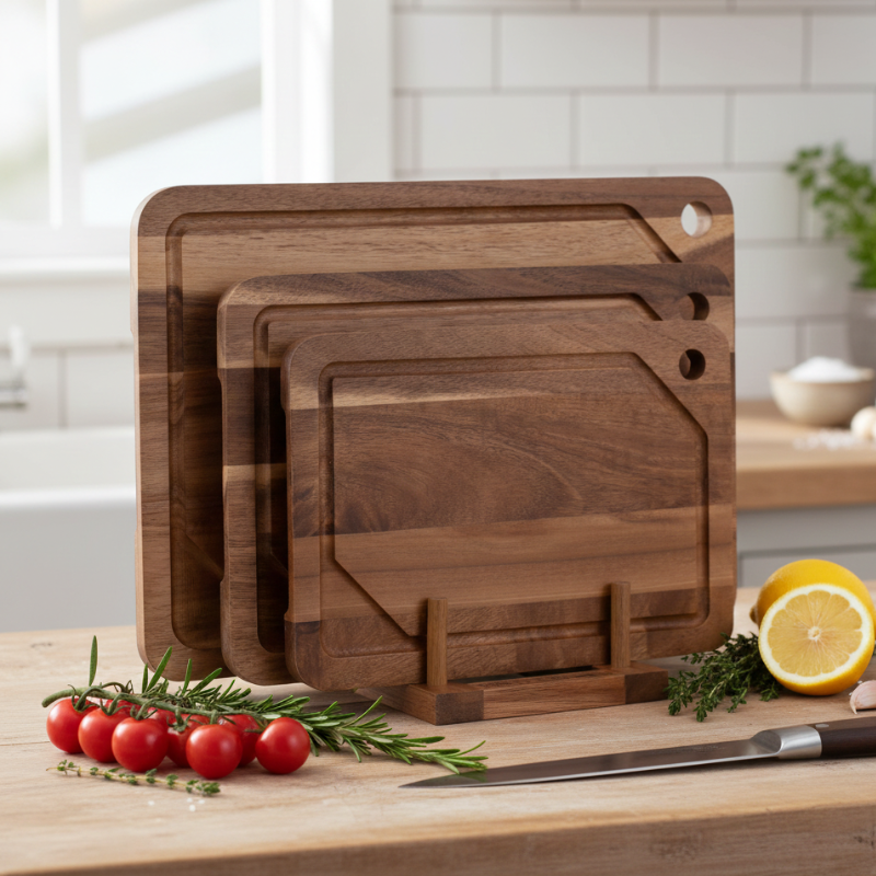 3-Piece Acacia Wood Cutting Board Set with Juice Groove and Storage Stand