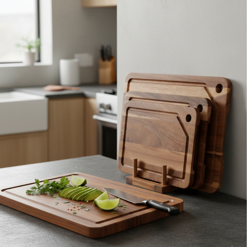 3-Piece Acacia Wood Cutting Board Set with Juice Groove and Storage Stand