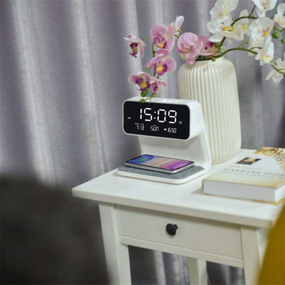 3-in-1 Bedside Lamp with LCD Alarm Clock and Wireless Charger