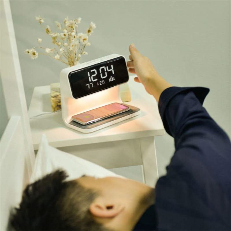 3-in-1 Bedside Lamp with LCD Alarm Clock and Wireless Charger