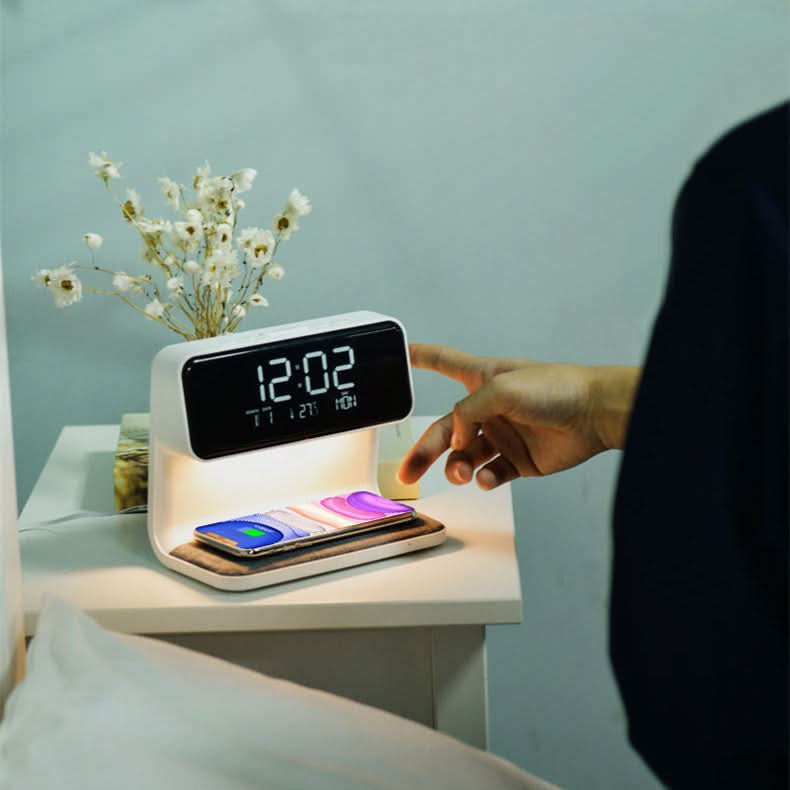 3-in-1 Bedside Lamp with LCD Alarm Clock and Wireless Charger