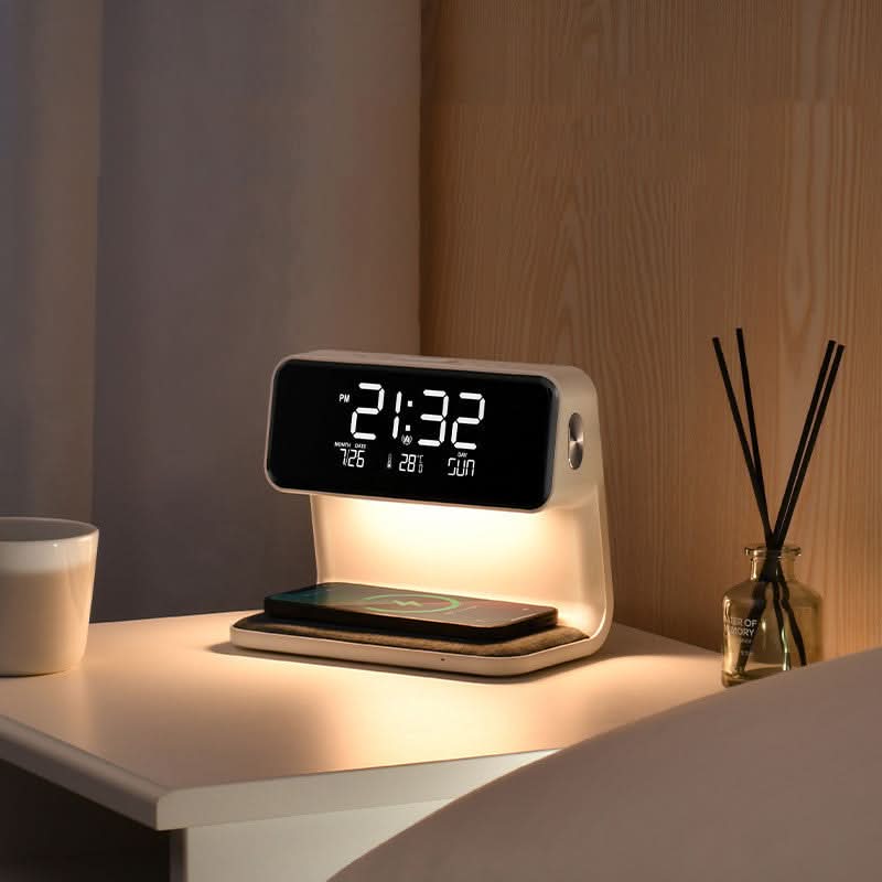 3-in-1 Bedside Lamp with LCD Alarm Clock and Wireless Charger