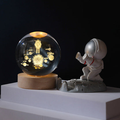 3D Planet Crystal Ball with Illuminated Wooden Display Base