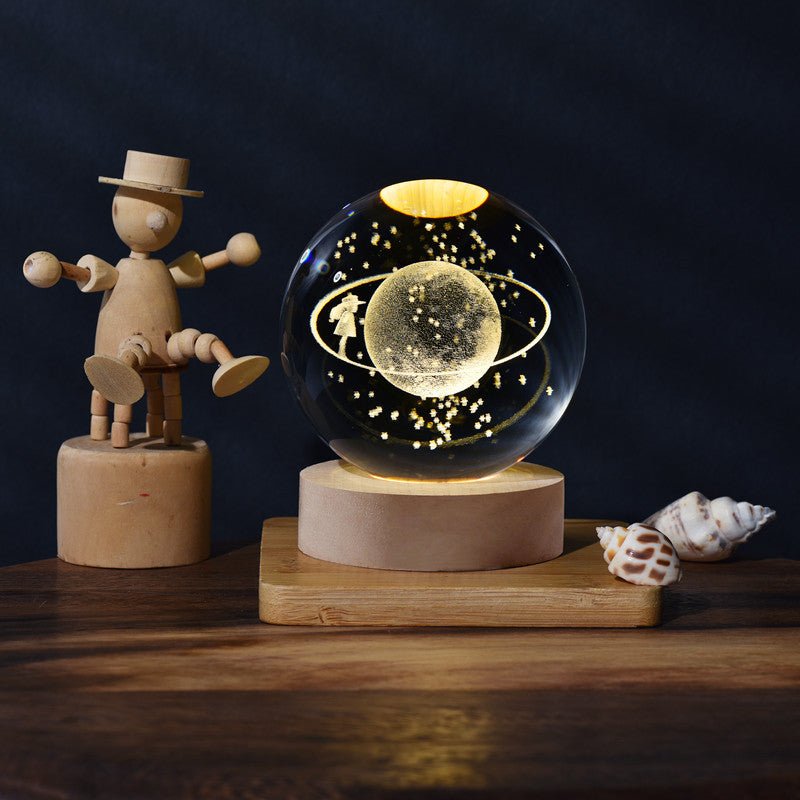 3D Planet Crystal Ball with Illuminated Wooden Display Base
