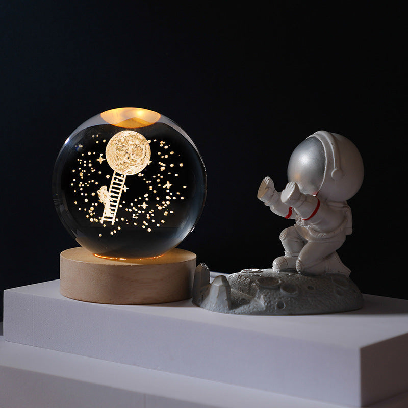 3D Planet Crystal Ball with Illuminated Wooden Display Base