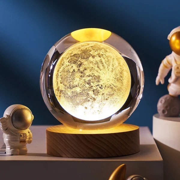 3D Planet Crystal Ball with Illuminated Wooden Display Base