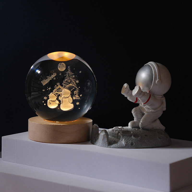 3D Planet Crystal Ball with Illuminated Wooden Display Base