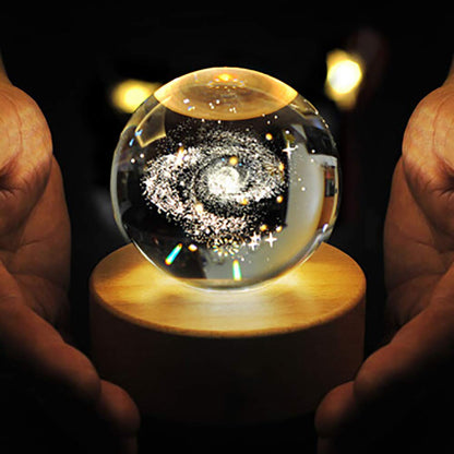3D Planet Crystal Ball with Illuminated Wooden Display Base