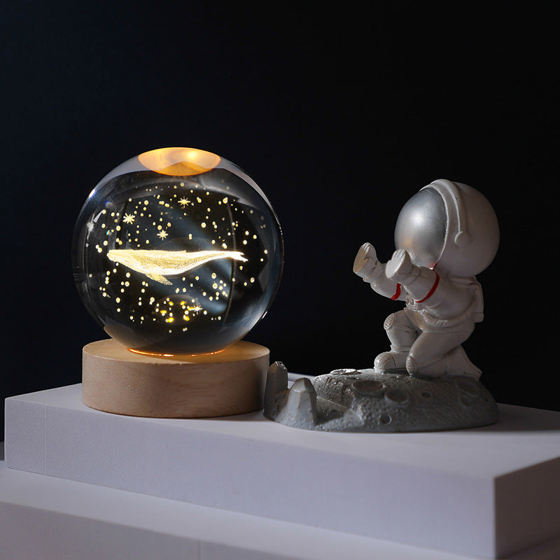 3D Planet Crystal Ball with Illuminated Wooden Display Base