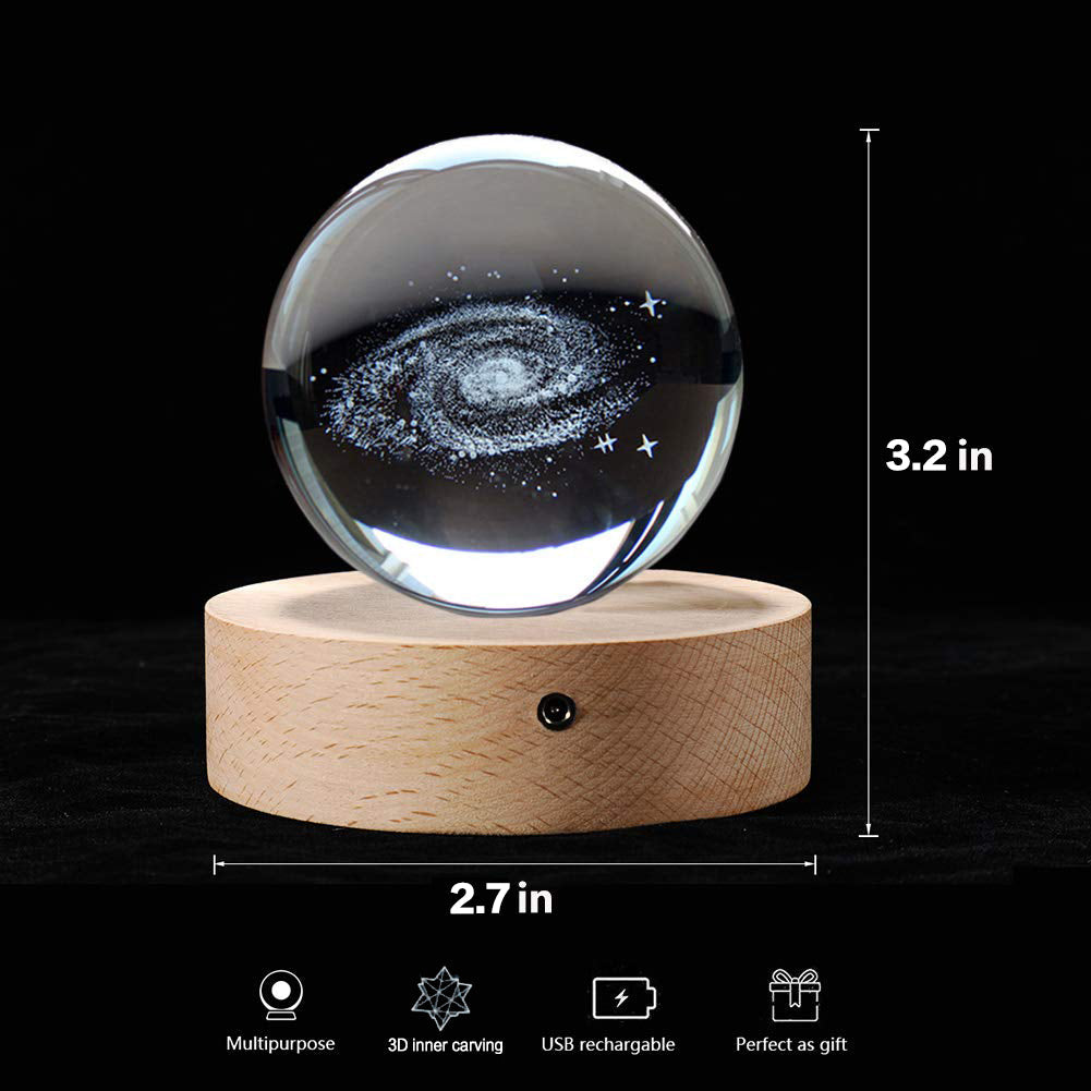 3D Planet Crystal Ball with Illuminated Wooden Display Base