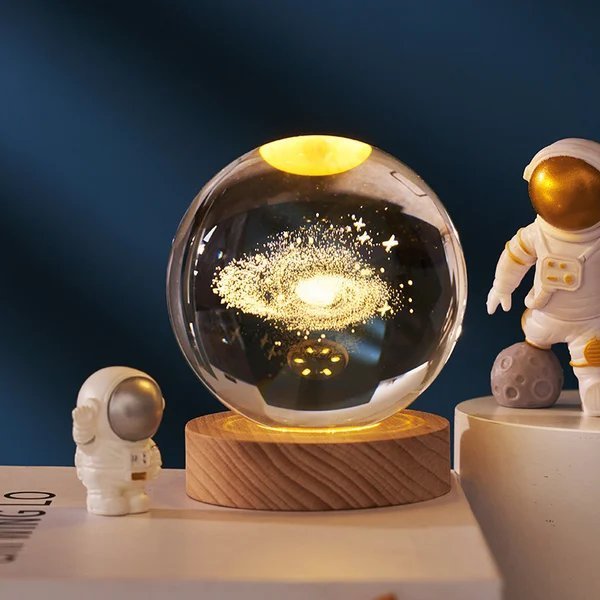 3D Planet Crystal Ball with Illuminated Wooden Display Base