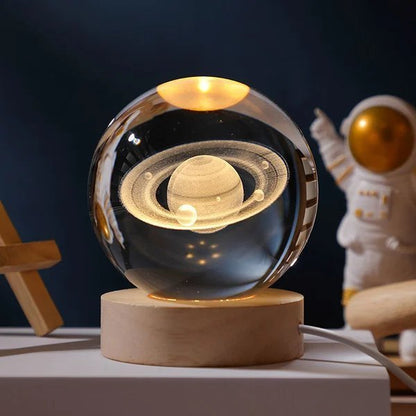 3D Planet Crystal Ball with Illuminated Wooden Display Base