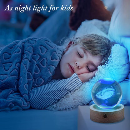 3D Planet Crystal Ball with Illuminated Wooden Display Base