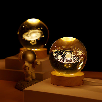 3D Planet Crystal Ball with Illuminated Wooden Display Base
