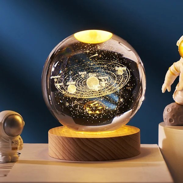 3D Planet Crystal Ball with Illuminated Wooden Display Base