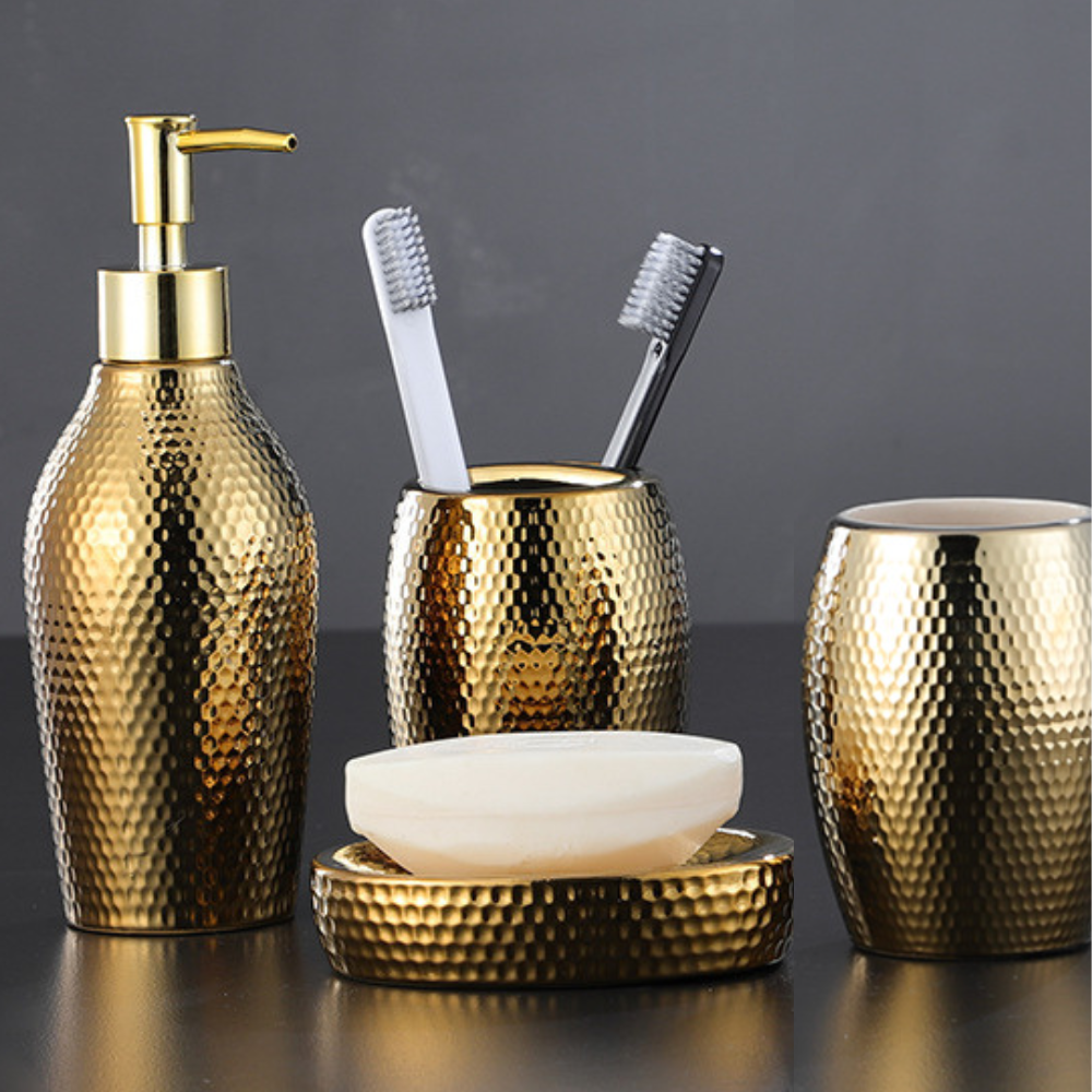 4-Piece Stainless Steel Bathroom Accessories Set with Gold Accents