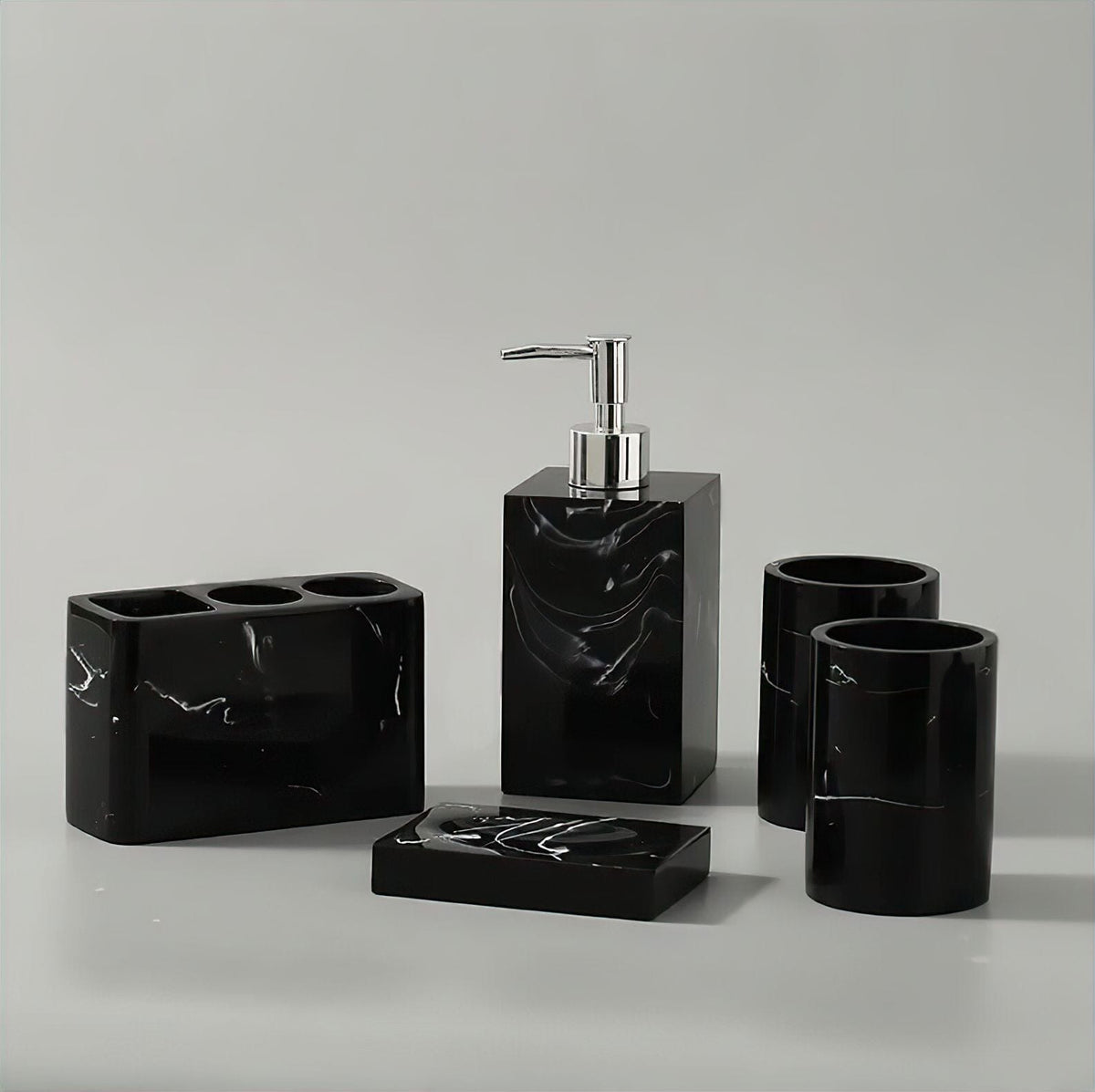 5-Piece Black Marble Resin Bathroom Accessory Set