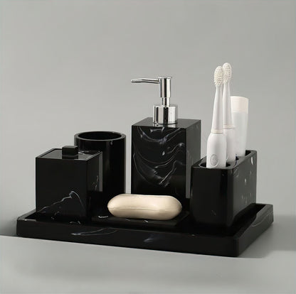 5-Piece Black Marble Resin Bathroom Accessory Set