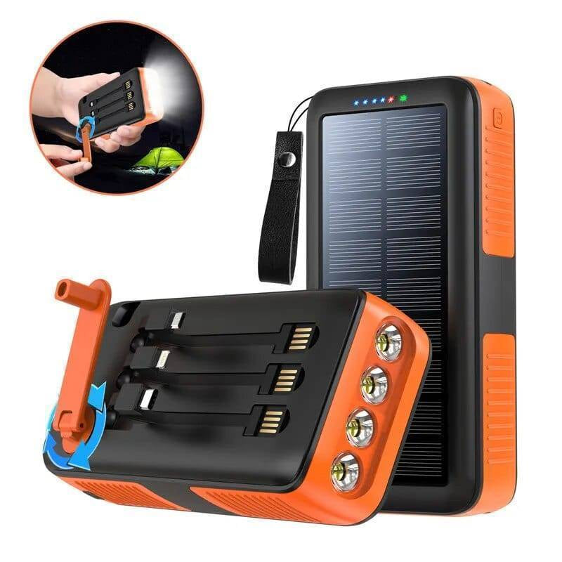 61200mAh Solar Hand Crank Power Bank with Dual USB Outputs and LED Flashlight