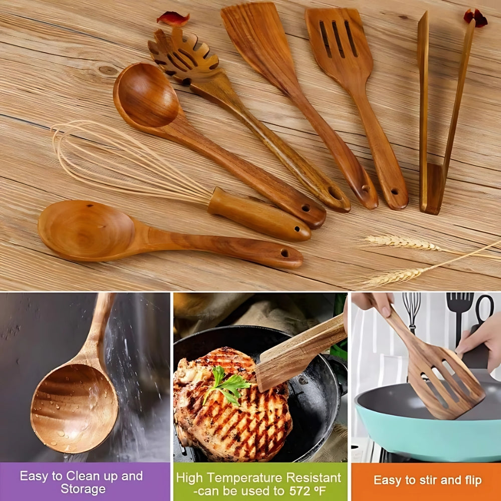 7-Piece Teak Wooden Kitchen Utensil Set for Cooking, Stirring and Serving