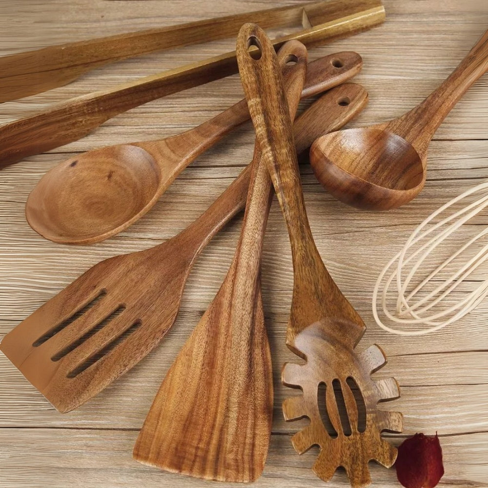 7-Piece Teak Wooden Kitchen Utensil Set for Cooking, Stirring and Serving