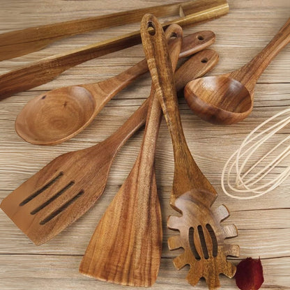 7-Piece Teak Wooden Kitchen Utensil Set for Cooking, Stirring and Serving