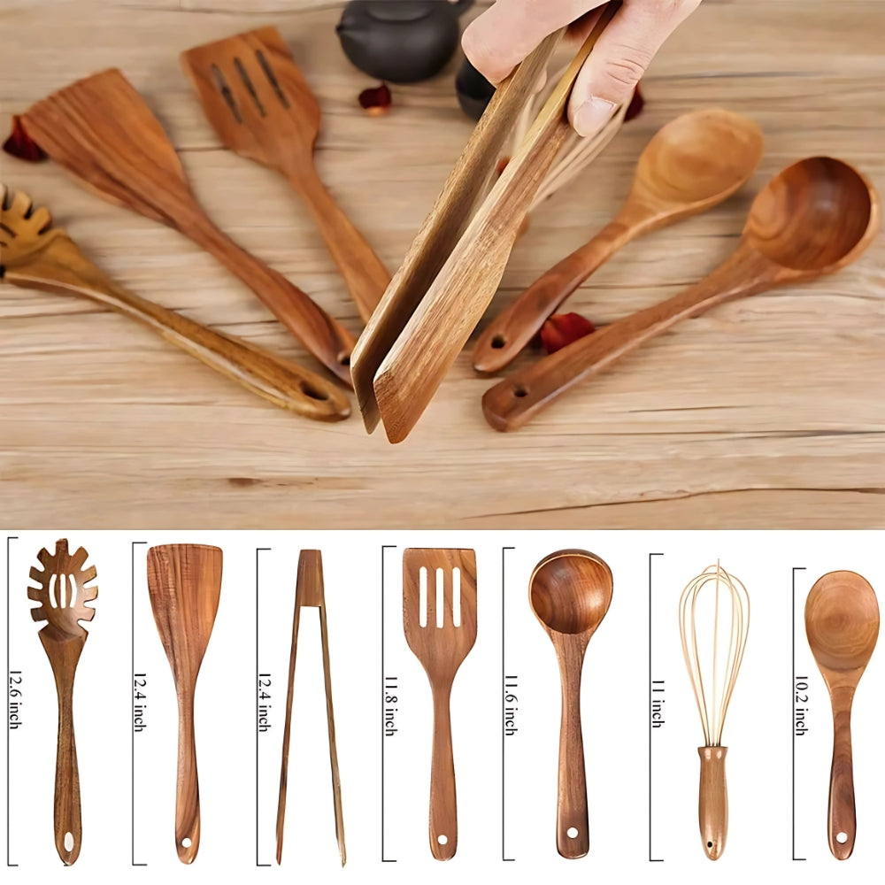 7-Piece Teak Wooden Kitchen Utensil Set for Cooking, Stirring and Serving