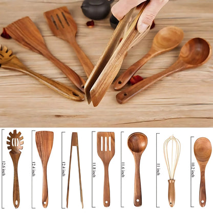 7-Piece Teak Wooden Kitchen Utensil Set for Cooking, Stirring and Serving