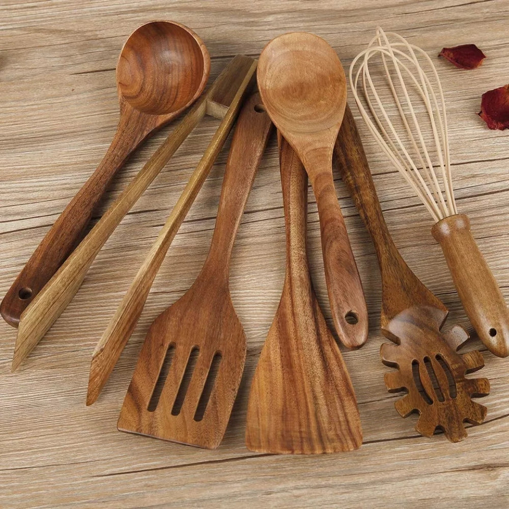 7-Piece Teak Wooden Kitchen Utensil Set for Cooking, Stirring and Serving