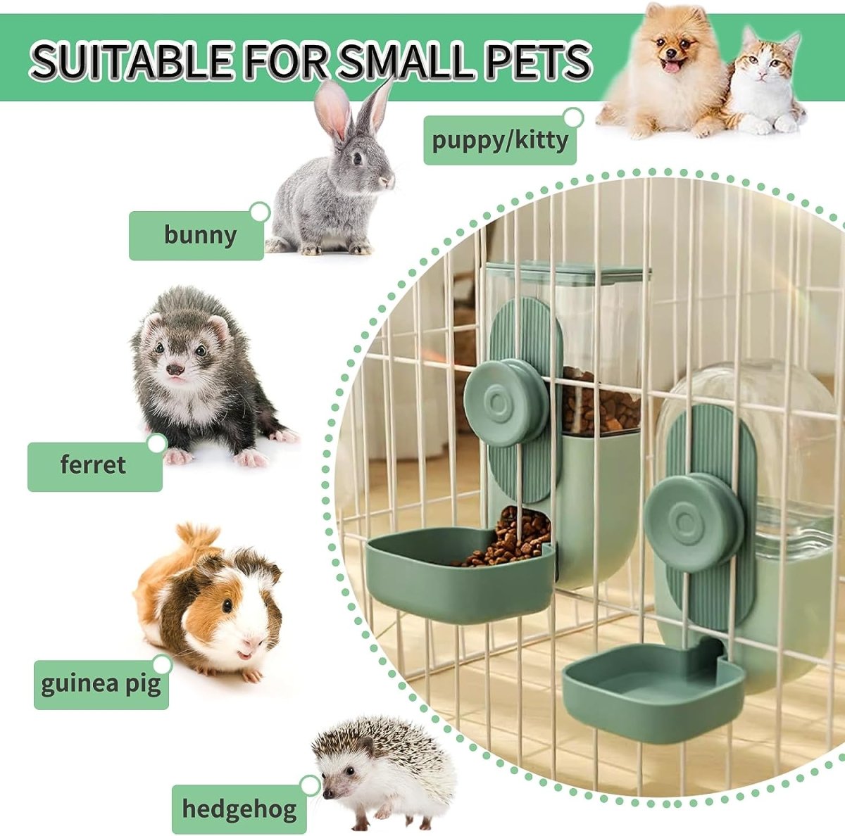 Automatic Rabbit Food and Water Dispenser Set Cage Mountable Feeder for Small Pets