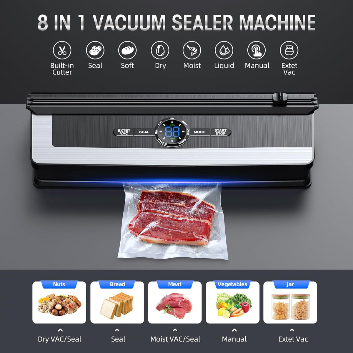 8 in 1 Vacuum Sealer Food Saver Machine with Built In Cutter for Fresh Storage