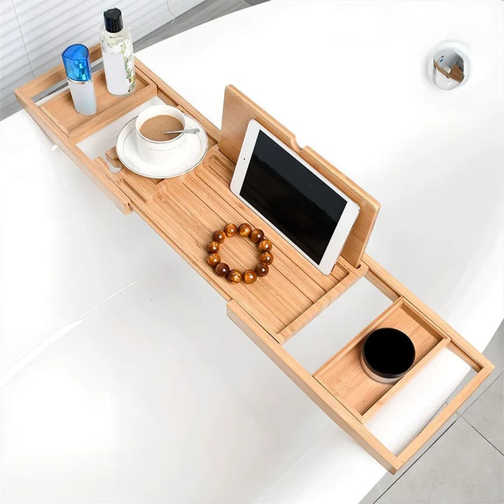 Adjustable Bamboo Bath Caddy – Water-Resistant Tray for Books, Tablets and Bath Essentials