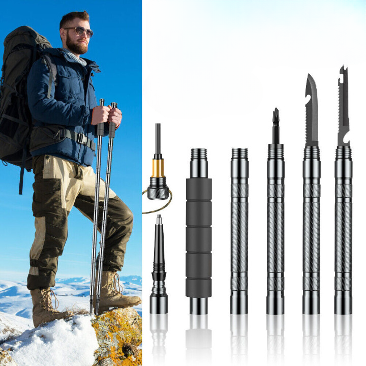 Adjustable Outdoor Trekking Pole with Integrated 7-in-1 Survival Tool Kit