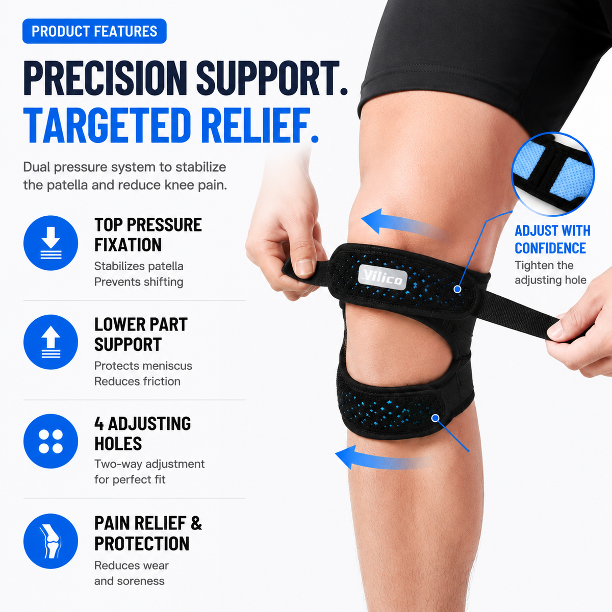 Adjustable Patellar Support Strap with Hook and Loop Closure