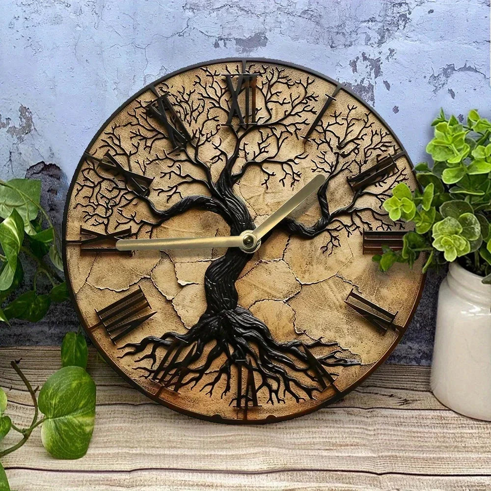 Arboria Wooden Wall Clock with Tree of Life Design for Rustic Natural Home Decor