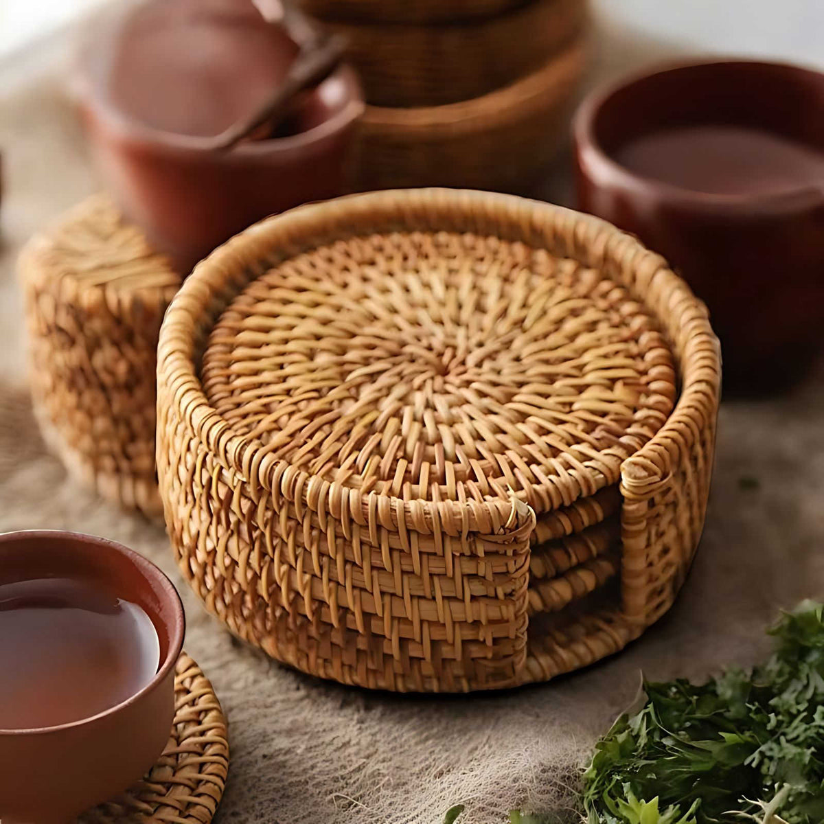 Bamboo and Rattan Coaster Set with Holder for Natural Table Protection