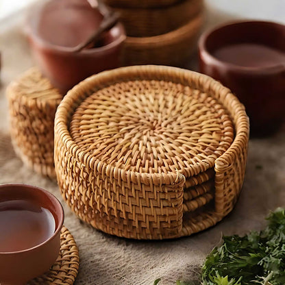 Bamboo and Rattan Coaster Set with Holder for Natural Table Protection