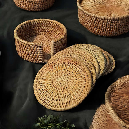 Bamboo and Rattan Coaster Set with Holder for Natural Table Protection