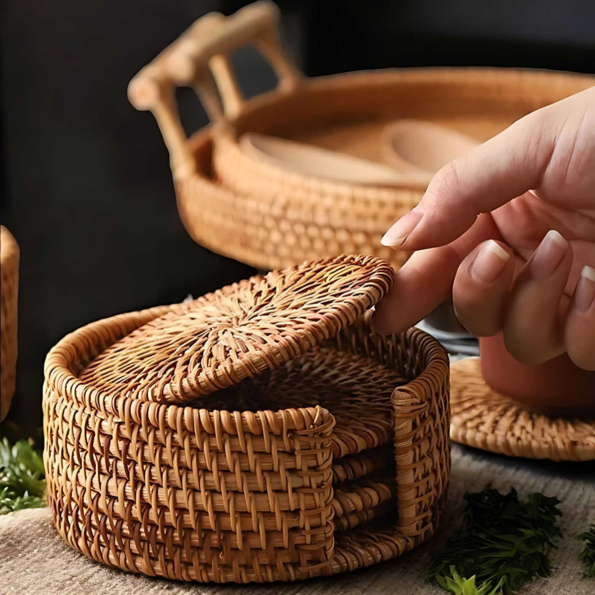 Bamboo and Rattan Coaster Set with Holder for Natural Table Protection
