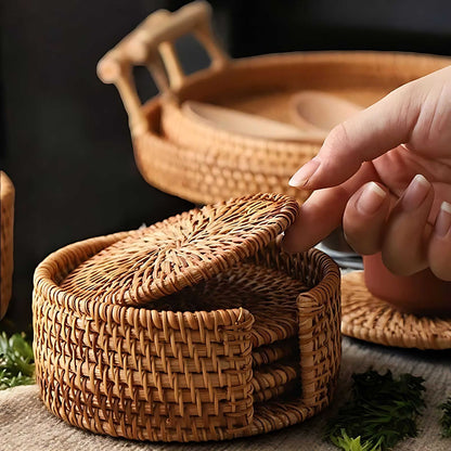 Bamboo and Rattan Coaster Set with Holder for Natural Table Protection