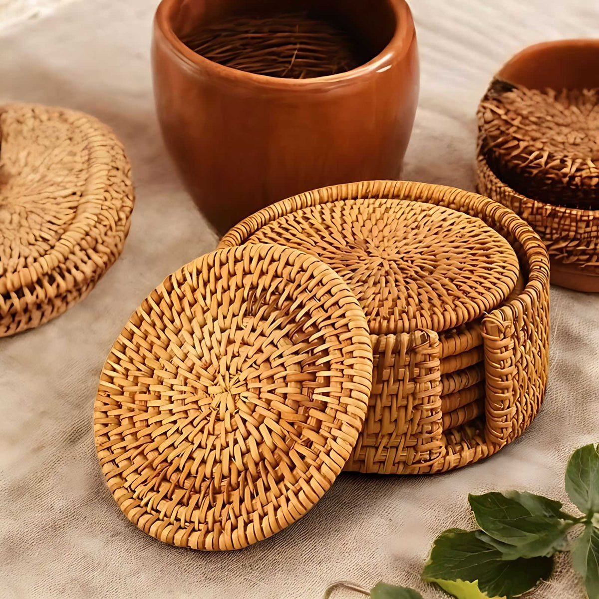 Bamboo and Rattan Coaster Set with Holder for Natural Table Protection