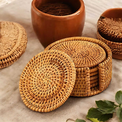 Bamboo and Rattan Coaster Set with Holder for Natural Table Protection